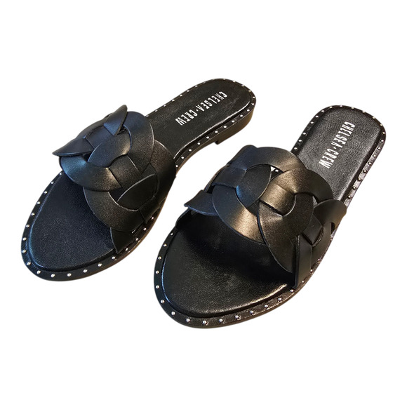 Chelsea Crew Tracy Studded Flats Womens Size 6 Black Open Toe Casual Office - Picture 3 of 11